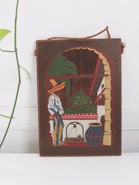Vintage Hand-Carved Hand Painted California Spanish Mission Revival Redwood Plaq